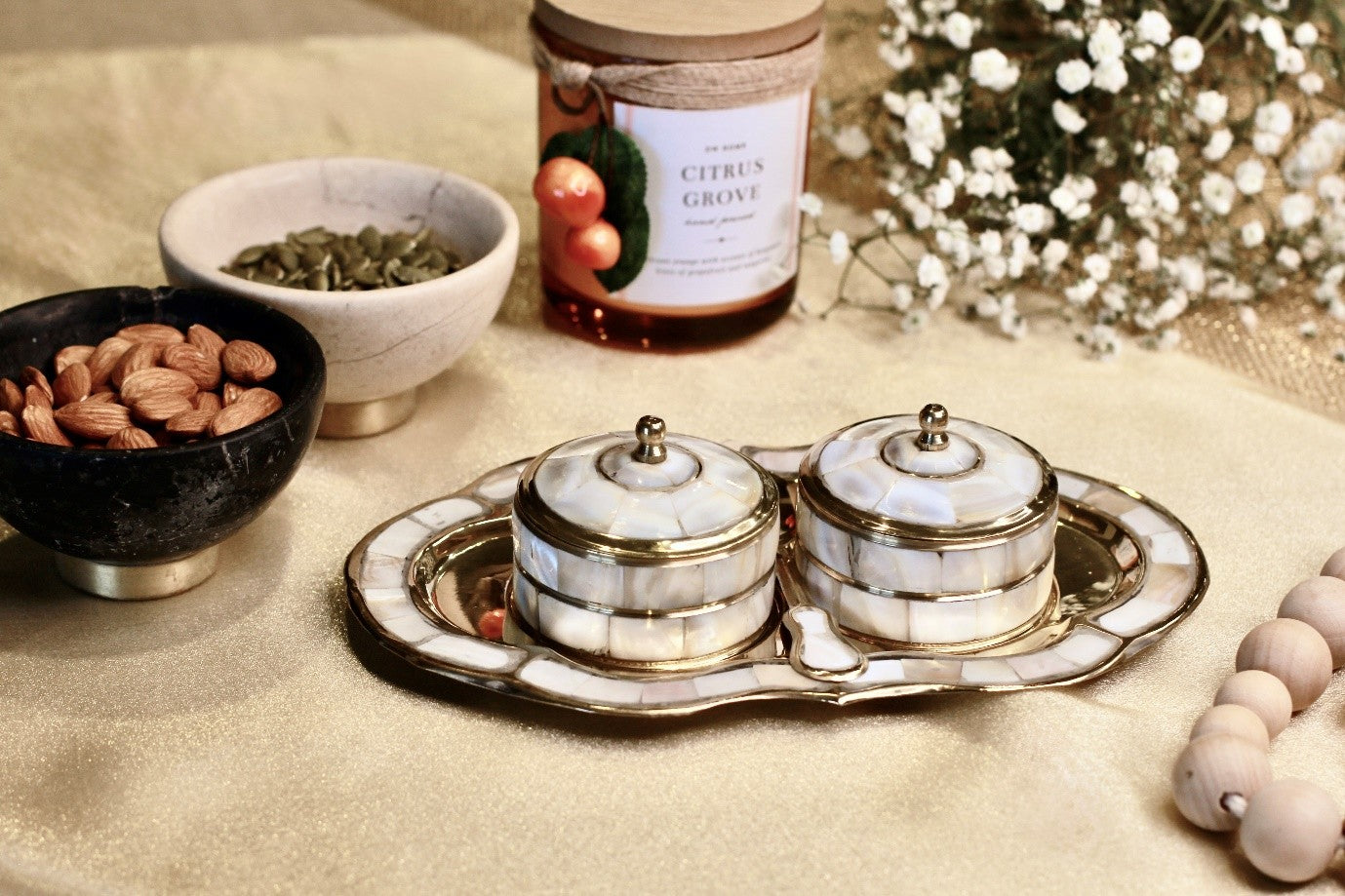Brass Condiment Tray with Twin Jars & Matching Spoon