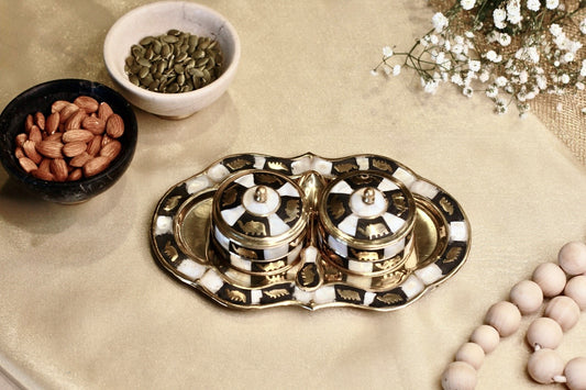 Brass Condiment Tray with Twin Jars & Matching Spoon