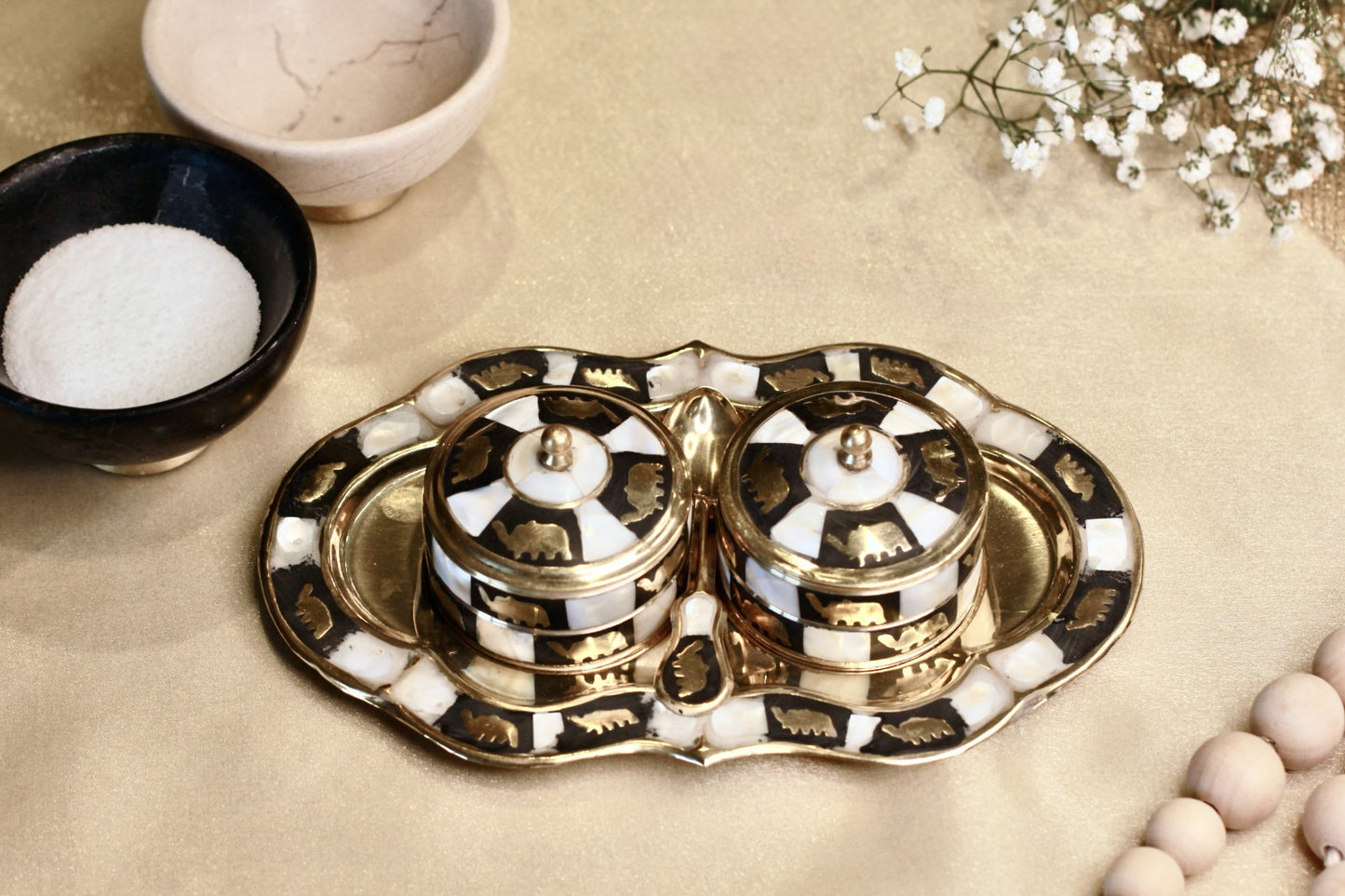 Brass Condiment Tray with Twin Jars & Matching Spoon