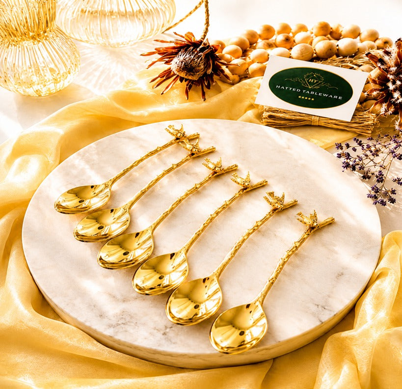 Golden & Silver Bird Dessert Spoons – Set of 6