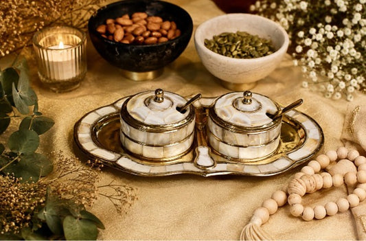 Brass Condiment Tray with Twin Jars & Matching Spoon