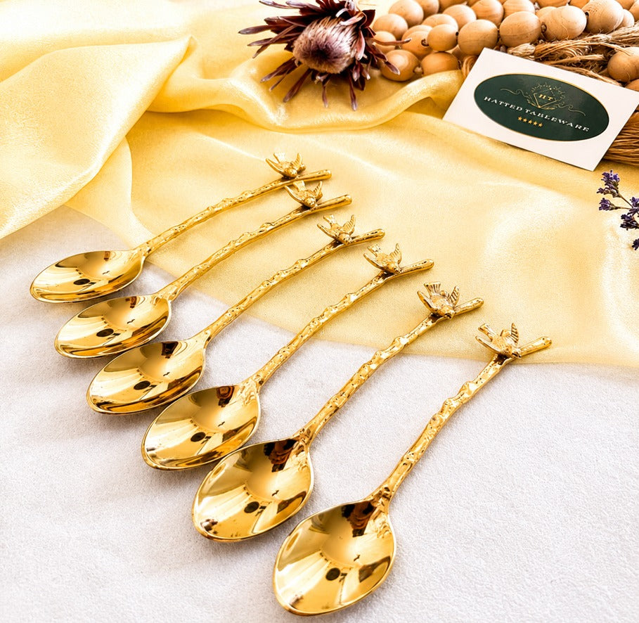 Golden & Silver Bird Dessert Spoons – Set of 6