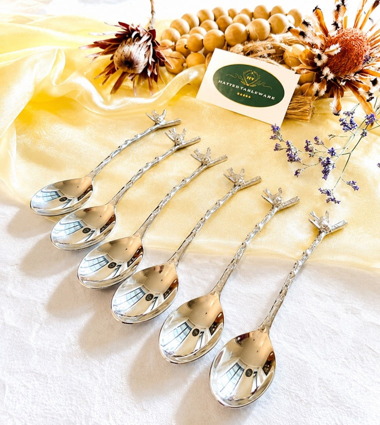 Golden & Silver Bird Dessert Spoons – Set of 6